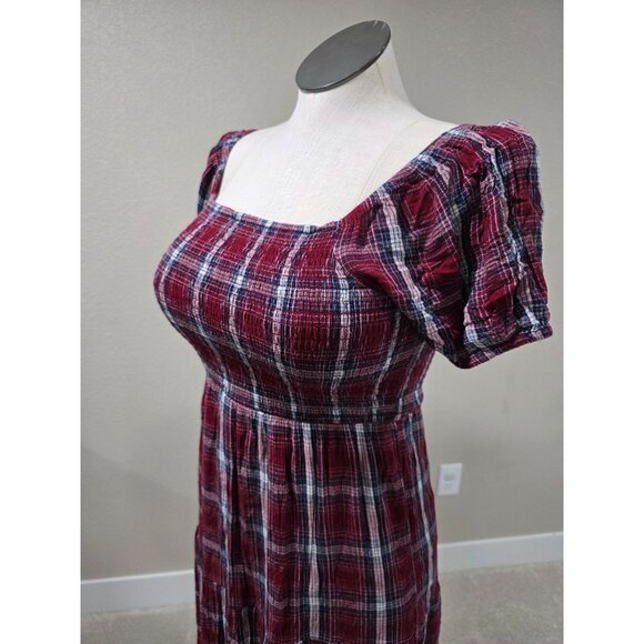 Plaid Smocked Red & Blue Midi Square Neck Dress With Puff Short Sleeves AE - Picture 2 of 6
